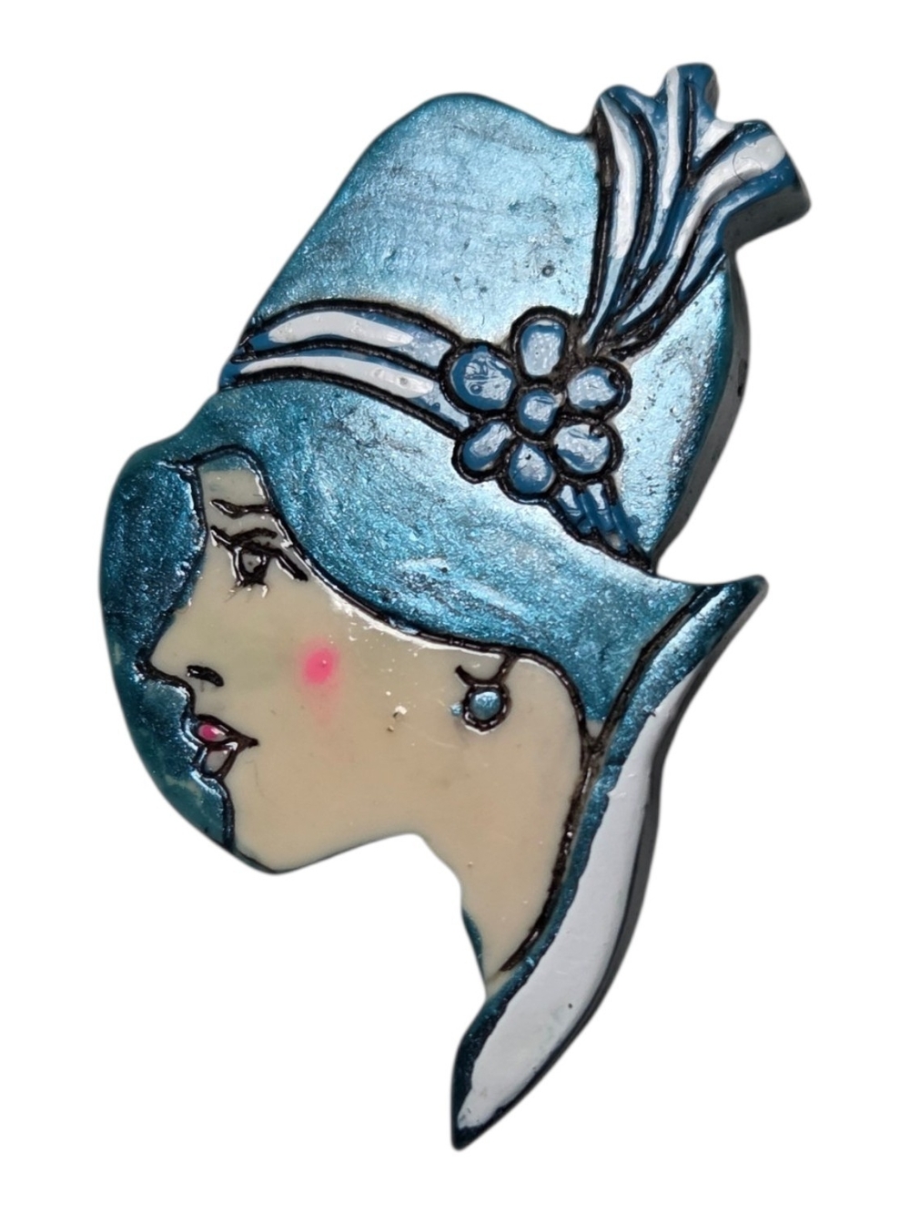 Vintage 70s Or 80s Art Deco 1920s Flapper Brooch features a hand-painted design